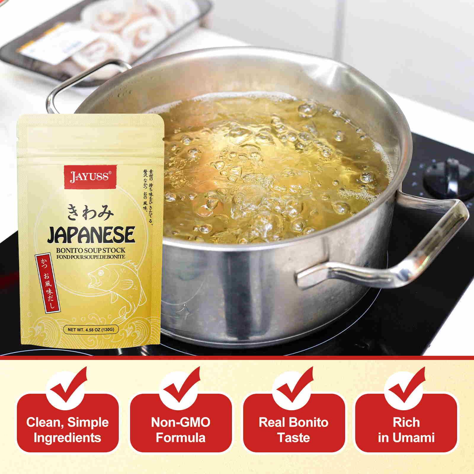 JAYUSS Dashi Powder Japanese Bonito Soup Stock 4.58 Oz Made with More Real Bonito Less Salt Non-GMO Perfect for Miso Soup Ramen Udon and Japanese Cooking 130g