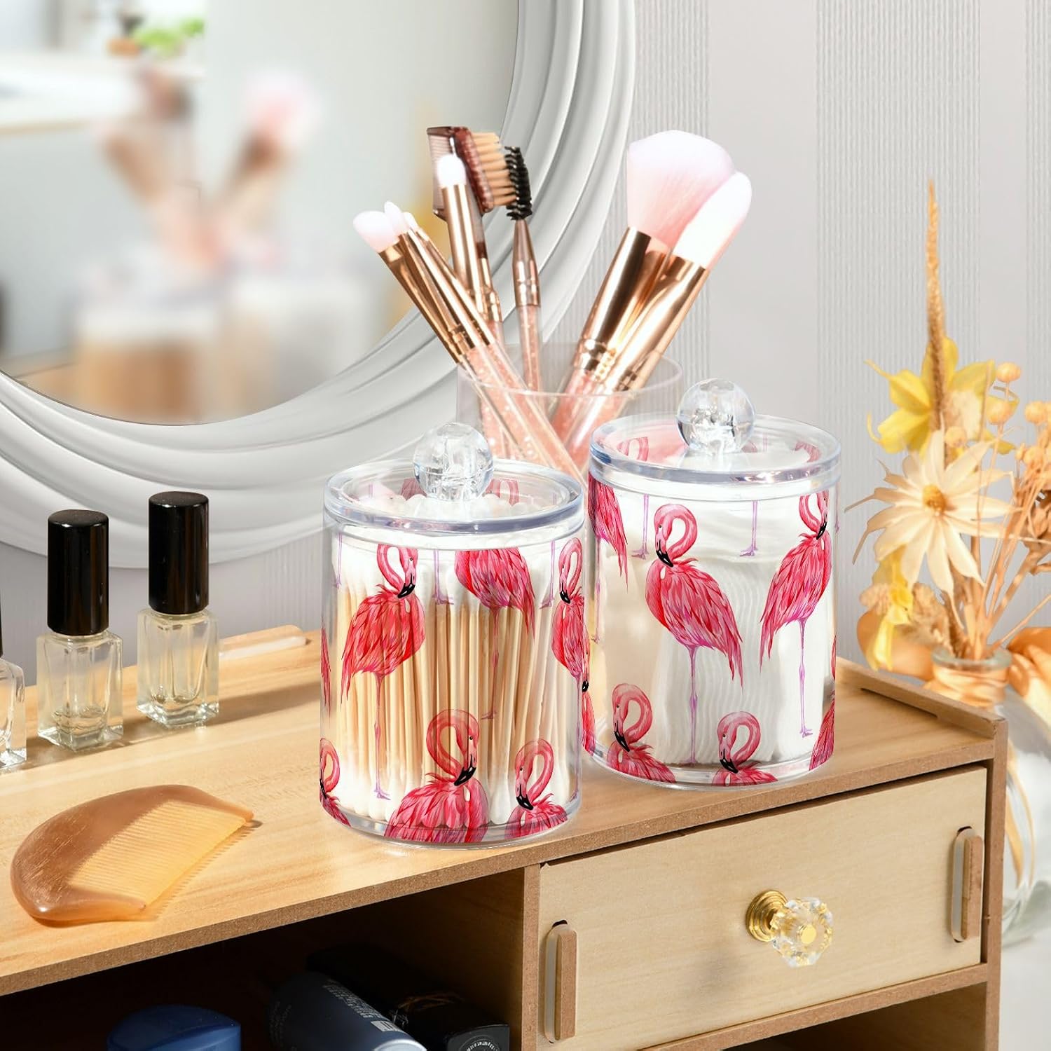 2 Pack Apothecary Jars Bathroom Pink Flamingo Qtip Holder Storage Canister Clear Plastic Jar with Lid for Cotton Ball, Cotton Swab