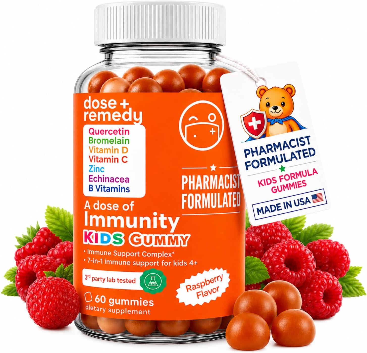 A Dose of Kids Immunity Support Gummies - Daily Immune Booster Supplement Quercetin Gummies for Children with Vitamin B Complex, Vitamin C, Zinc, Vitamin D, Quercetin Bromelain, Echinacea - 180 Count