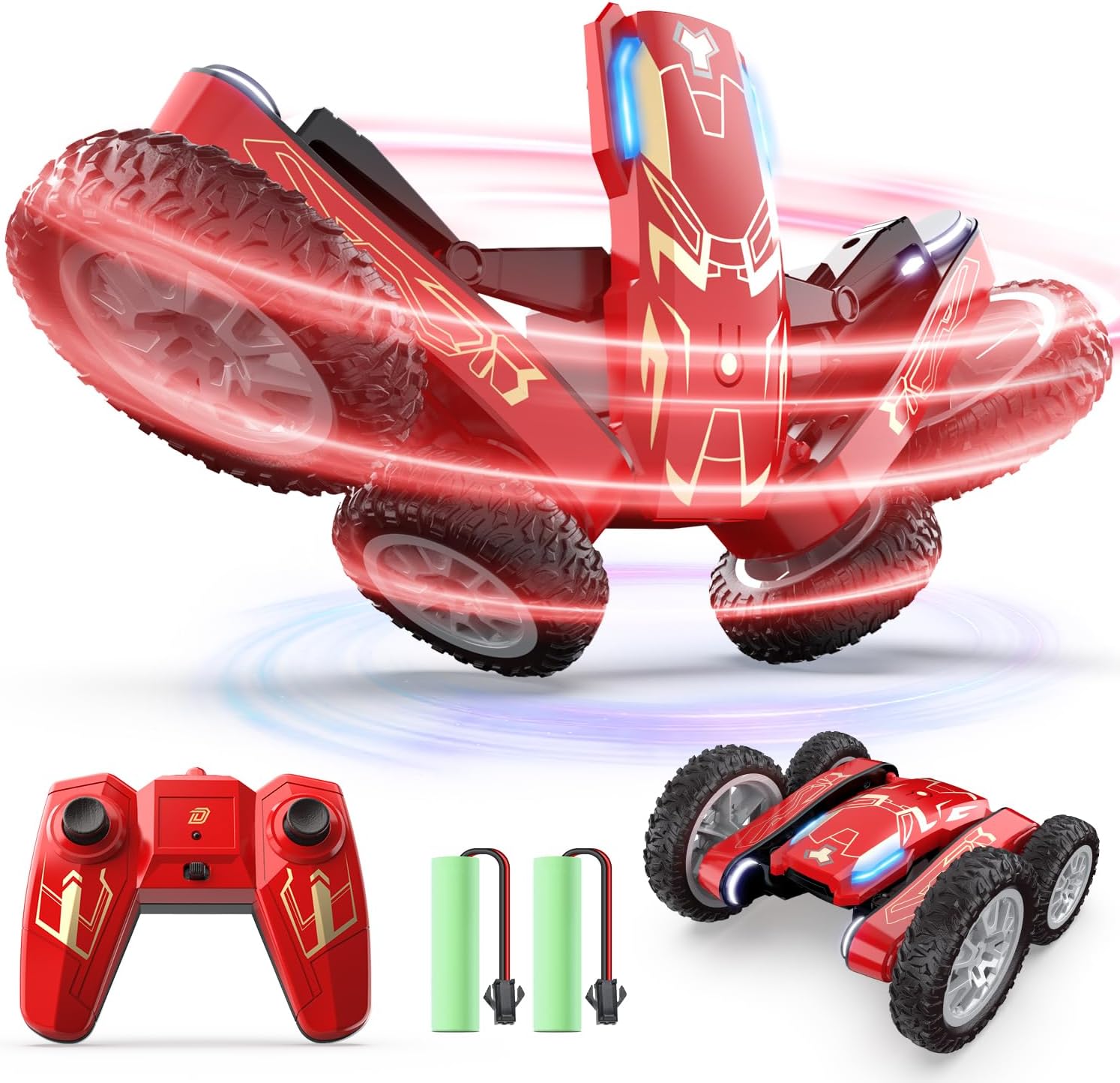DEERCIron Remote Control Car - Double Sided Mini RC Stunt Car, 360°Rotating 4WD Off-Road RC Cars with Headlights 2.4Ghz Indoor/Outdoor Rechargeable Toy Car for Boys Girls Age 4-7 8-12 Birthday Gift