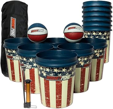BasketPong USA Giant Yard Pong and Basketball Game with 12 Buckets, 2 Balls, Carrying Bag, and Air Pump Outdoor Game for Lawn, Backyard, Beach, and Parties