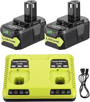 Replacement for Ryobi 18V Battery and Charger Combo | 2 Pack Battery and Dual Port Charger Kit, Compatible with Ryobi 18V ONE+ System Cordless Power Tools
