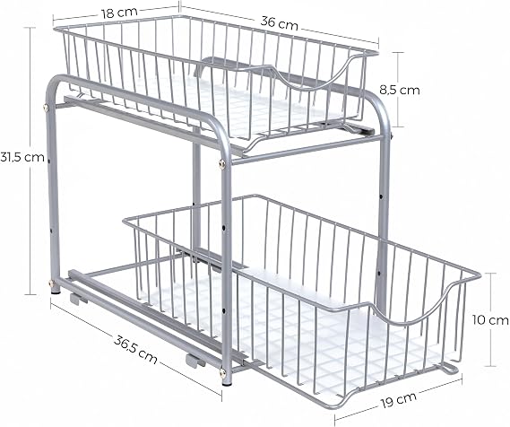 SONGMICS 2-Tier Pull Out Cabinet Organizers, Under Sink Organizer, Bathroom Organizer and Storage, Sliding Basket Drawers, Stackable for Kitchen, Bathroom, Metallic Silver UKCS017E01