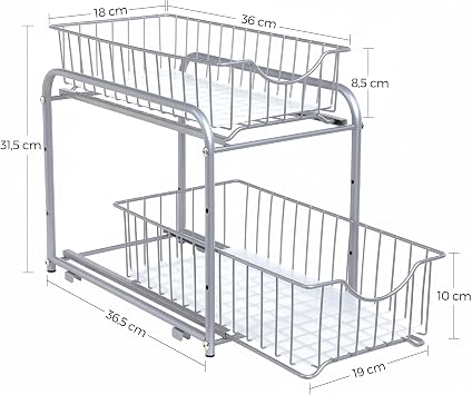 SONGMICS 2-Tier Pull Out Cabinet Organizers, Under Sink Organizer, Bathroom Organizer and Storage, Sliding Basket Drawers, Stackable for Kitchen, Bathroom, Metallic Silver UKCS017E01