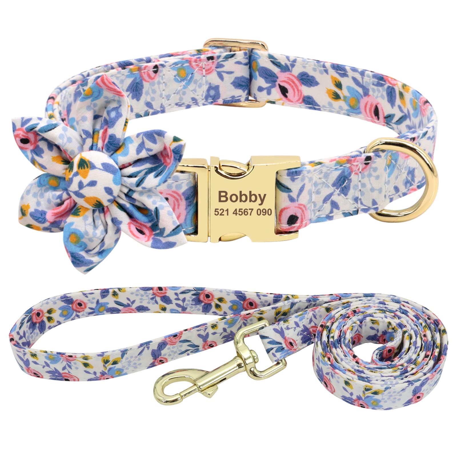 Conjunto De Collar Y Correa De Nailon Impreso para Perro, Collar Personalizado para Mascota, Cachorro, Gato, Placa De Identificación De Perro Personalizada, Collares Grabados,Blue,L