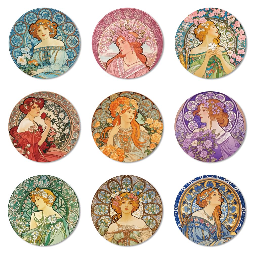 ANATTASOUL Wood Coasters Set of 9 for Drinks Vintage Woman and Flower Pattern Colorful Wooden Cup Mat for Coffee Table Decor, 3.9" Non-Slip Desk Coasters for Home, Apartment, Office, Bar Gifts