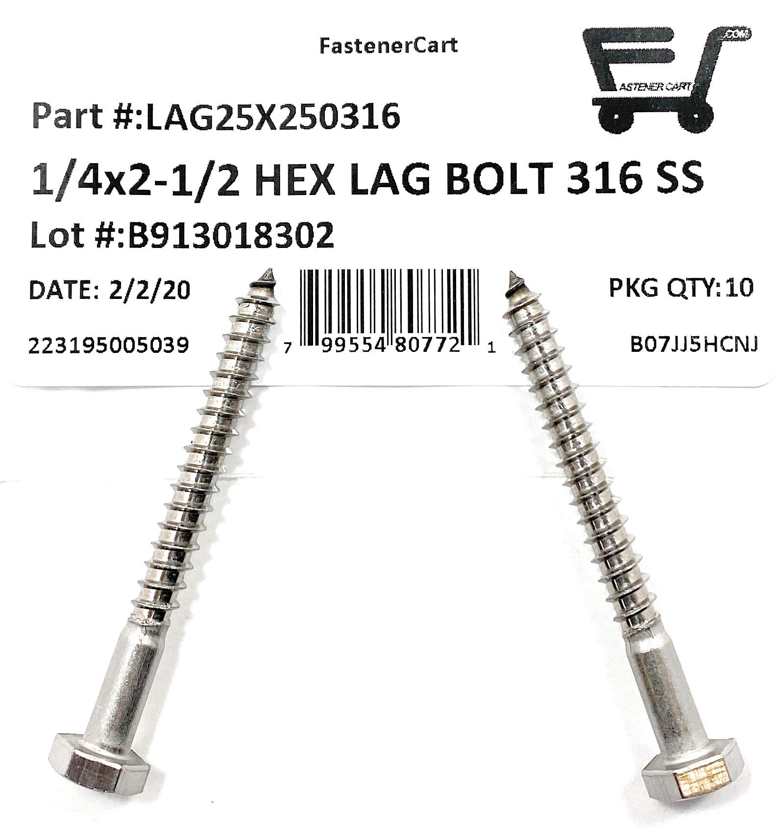1/4 x 2-1/2 316 Stainless Steel Hex Head Lag Bolts Lag Screws Marine Grade (10 Pieces)