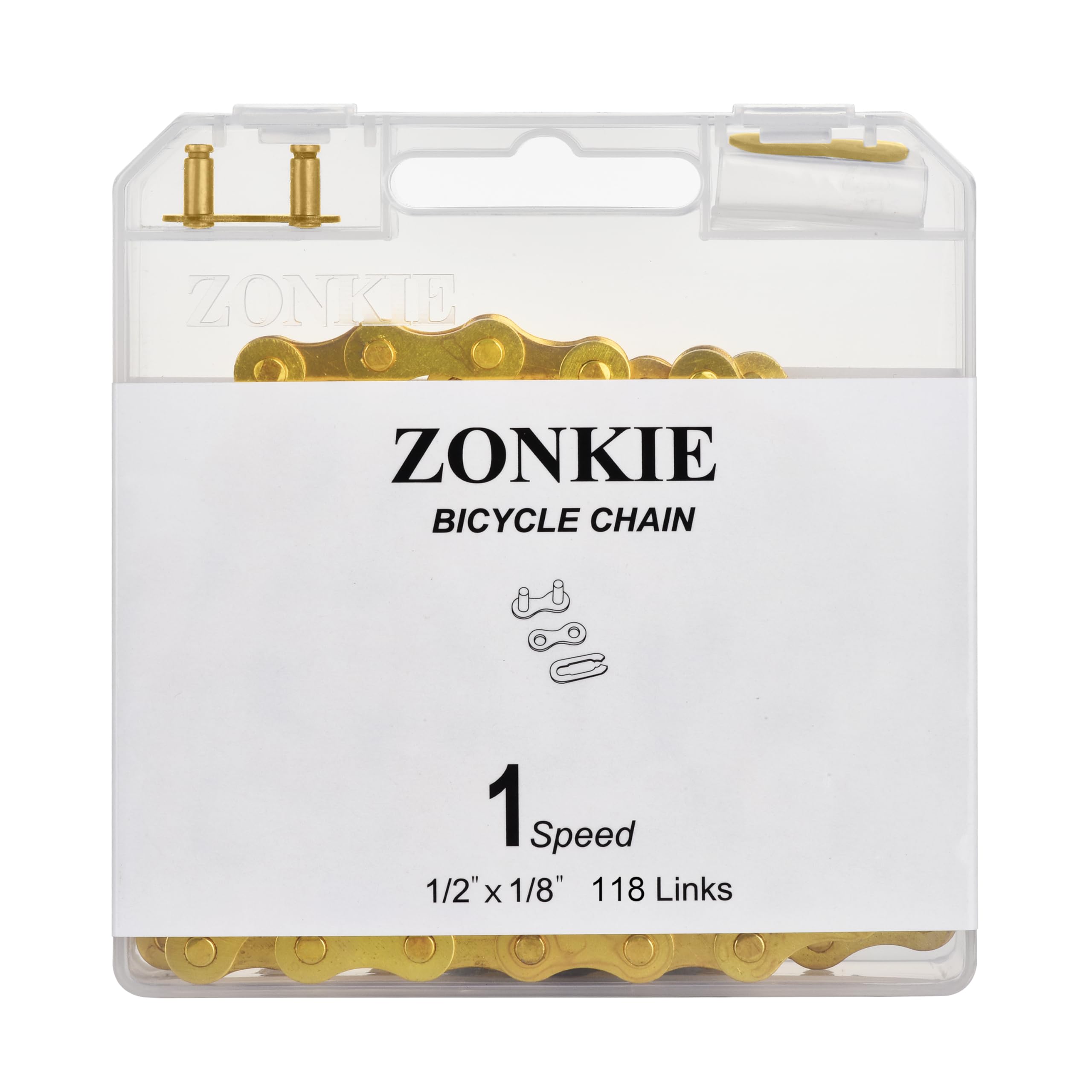 ZONKIE Złoty łańcuch rowerowy, jednobiegowy łańcuch rowerowy z zapięciem łańcuchowym, 1/2 x 1/8 cala, do BMX, rowerów górskich, składanych i dziecięcych (118 l)
