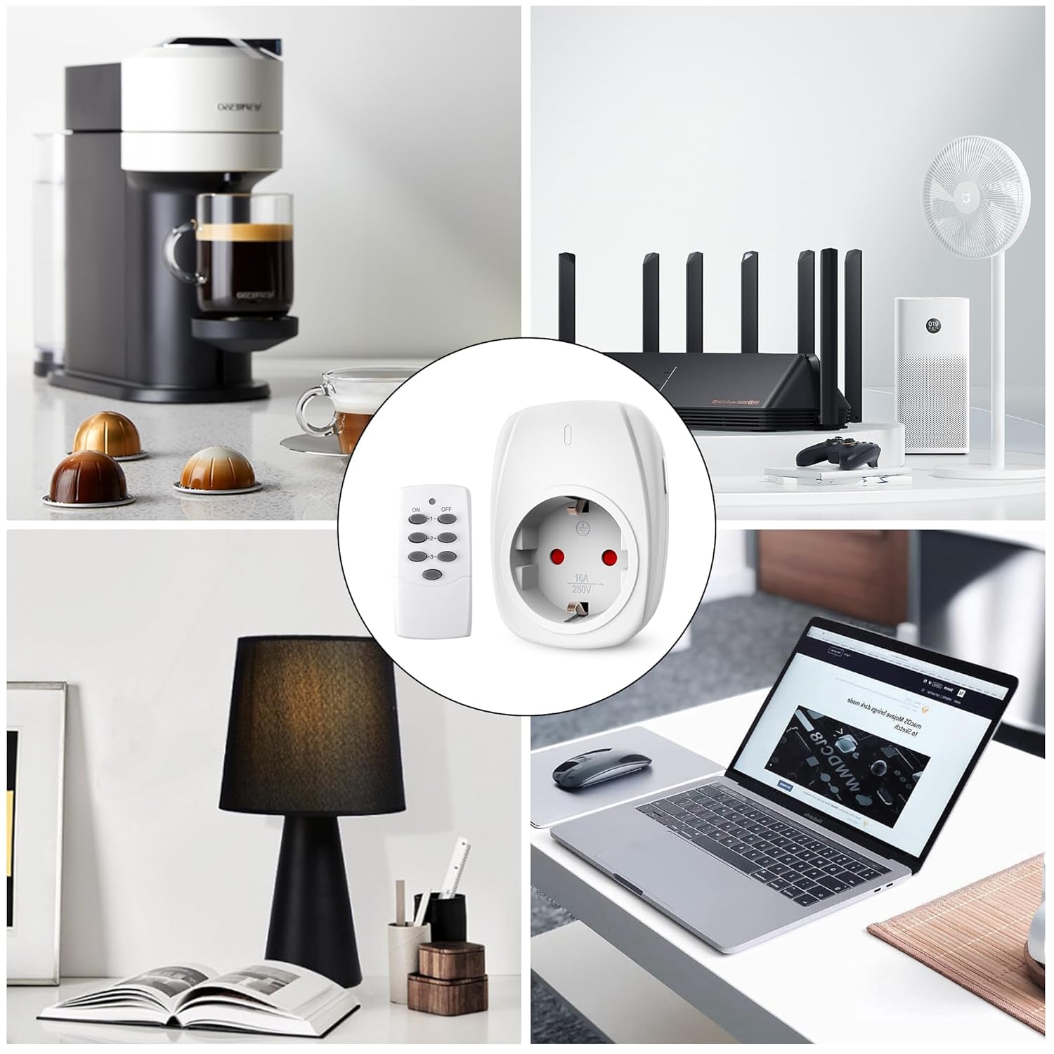 Various household appliances connected to HBN remote control outlets, including a coffee machine, router, fan, lamp, and laptop.