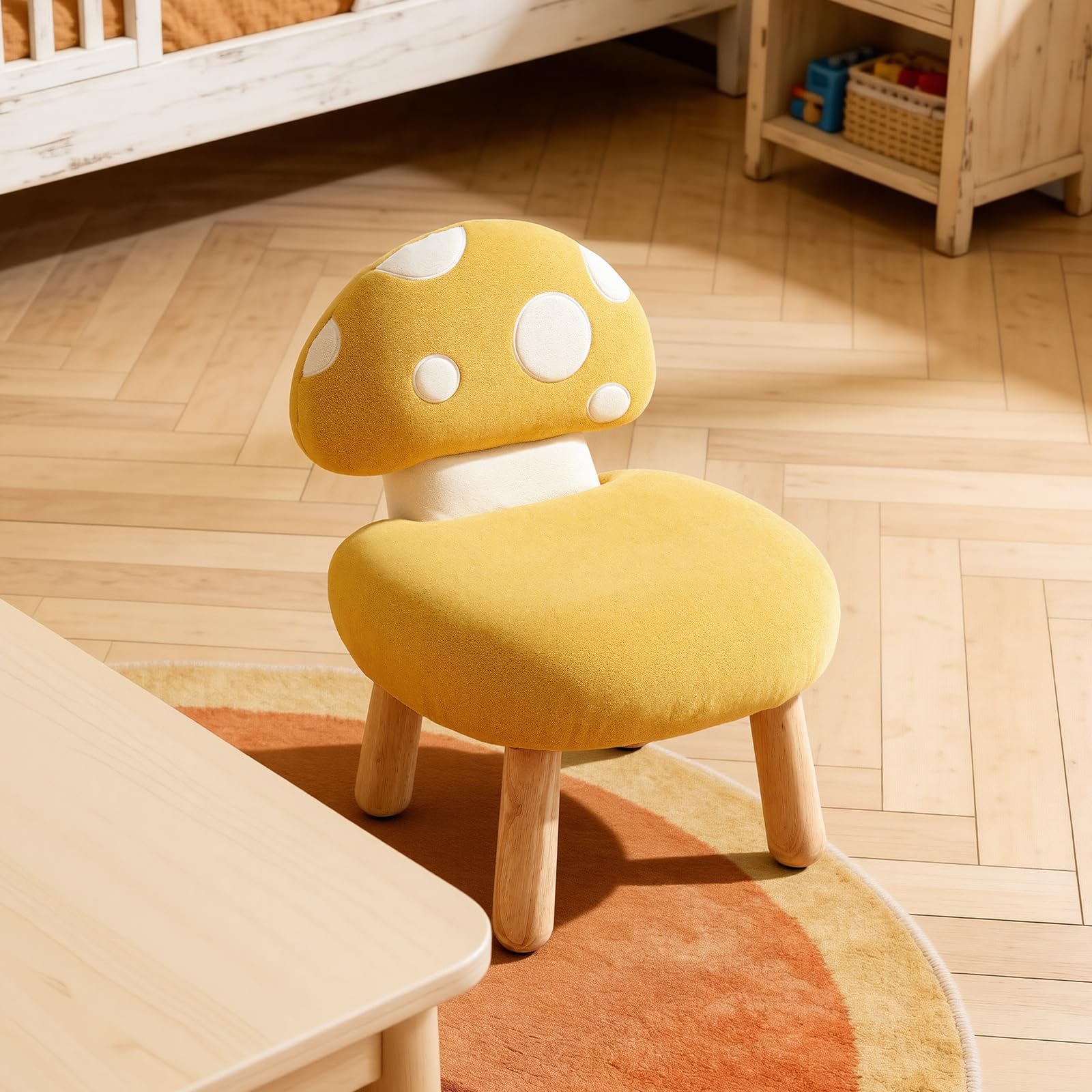 Kindersessel für Kinderzimmer Chenille Kinderstuhl mit Pilzförmiger Rückenlehne Kindersofa Holzbeinen, Kindercouch für Spielzimmer, Gelb