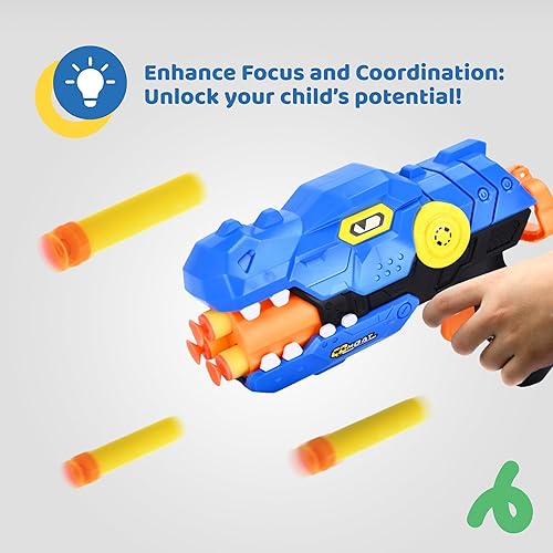 Miniatura 6 de Dazmers Paquete de 2 pistolas Nerf de dinosaurio para niños pequeños, balas de espuma de dinosaurio, pistola de dardos de dinosaurio Nerf Cool