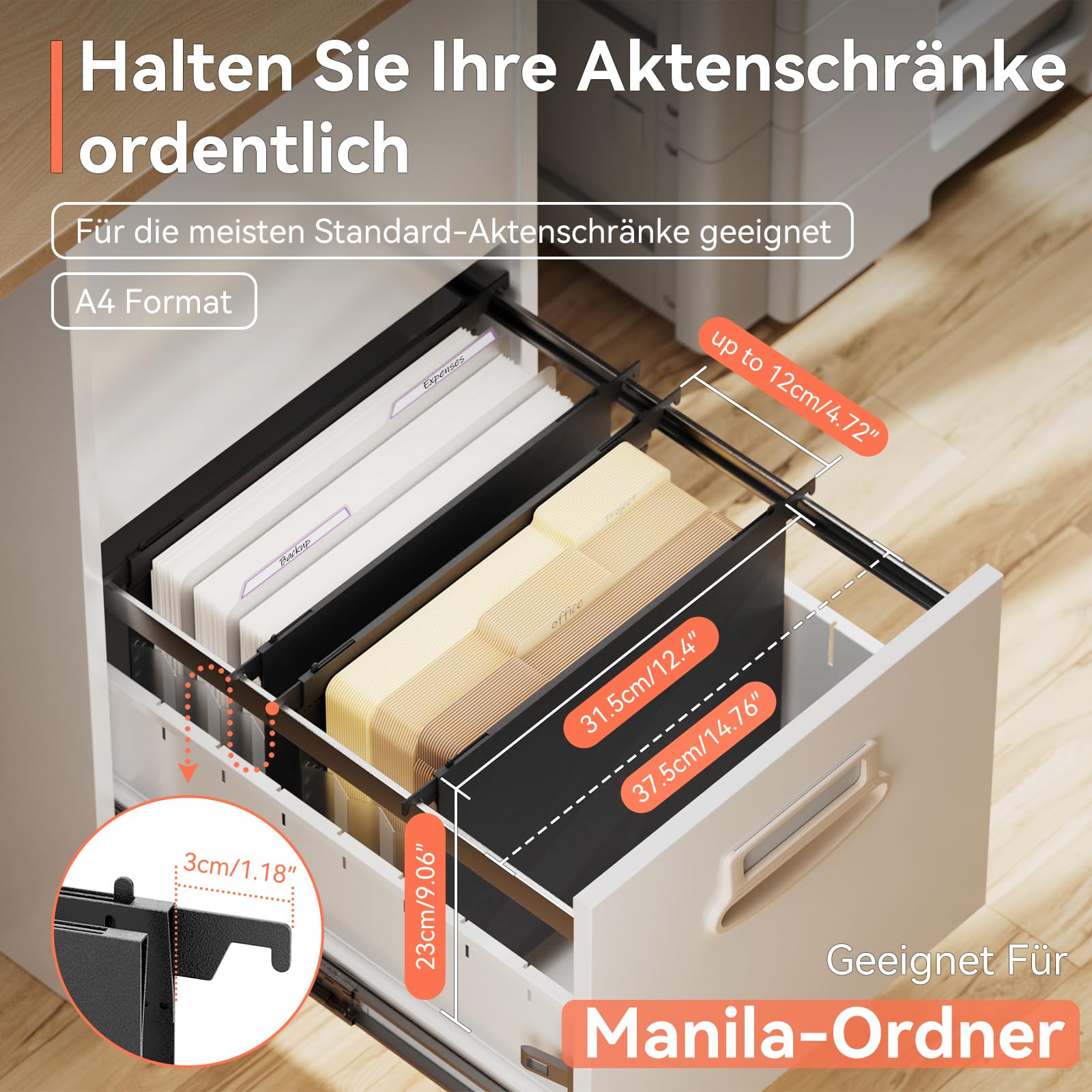 ThinkTex 3er Pack Hängemappen A4 Stabil, 12cm Breit Erweiterbare Hängeregister mit Versenkbaren Haken, Große Kapazität Hängeordner (Schwarz)