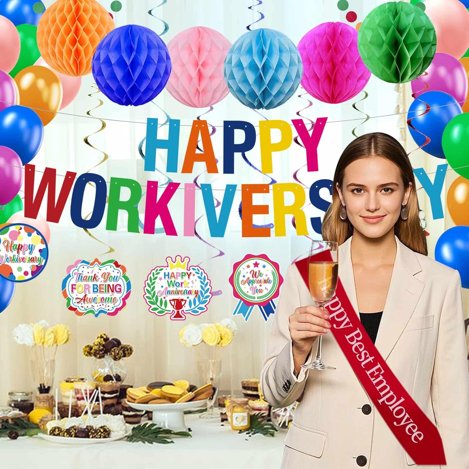 Work Anniversary Decorations,Pre-Strung Iridescent Happy Workiversary Banner,Colorful Work Office Party Decoration for Men Women Office Employee Worker Appreciation Supplies