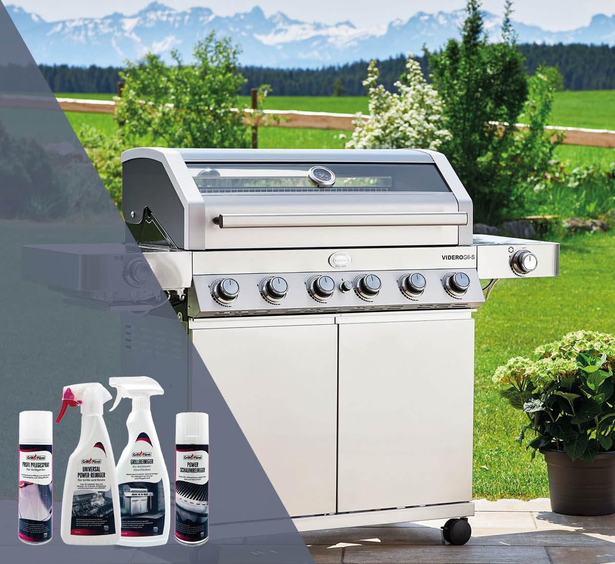 Grillfürst Grillreiniger-Set für Rösle Videro Edelstahlgrills - Grillreiniger, Schaumreinger, Pflegespray - 4er Set