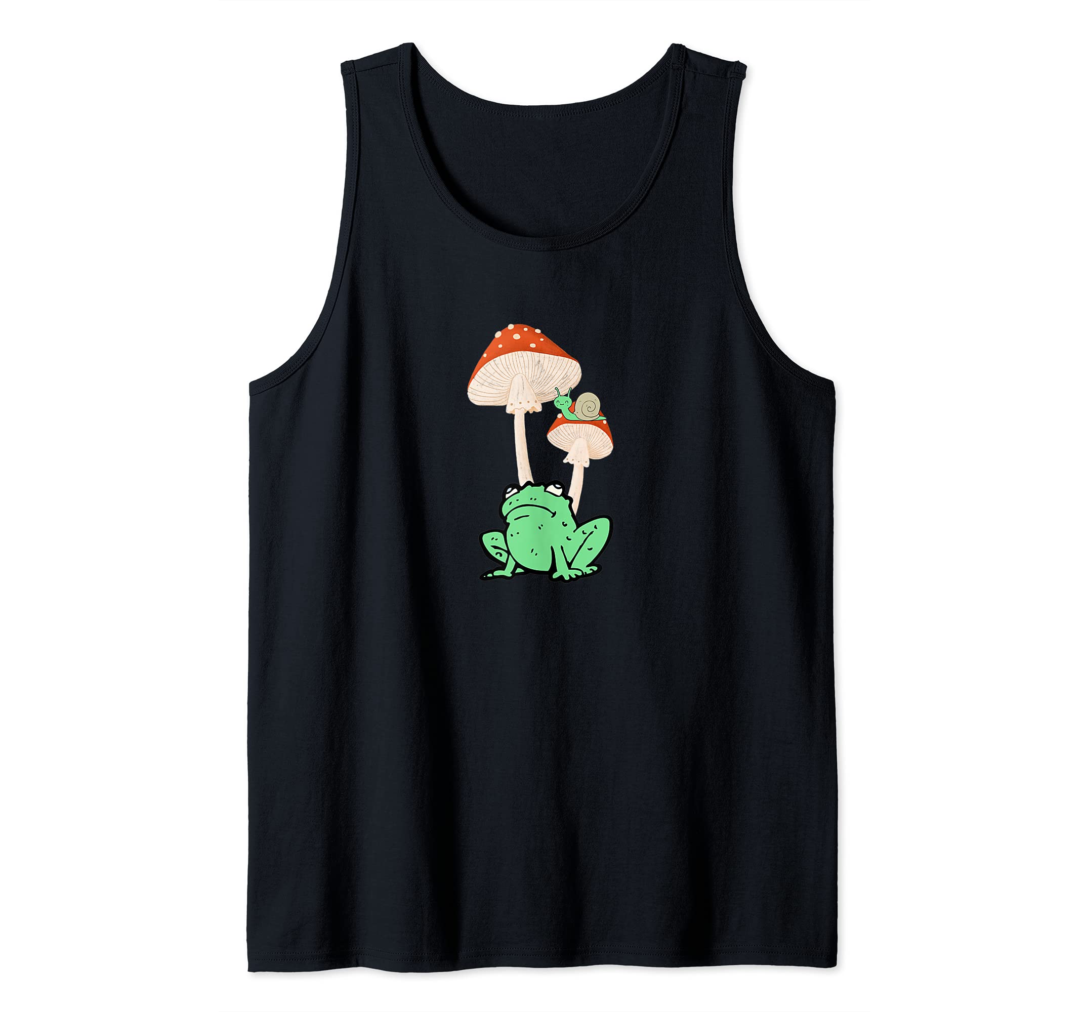 Kawaii Cottagecore Frog with Toadstool Mushroom and Snail Tank Top, Black