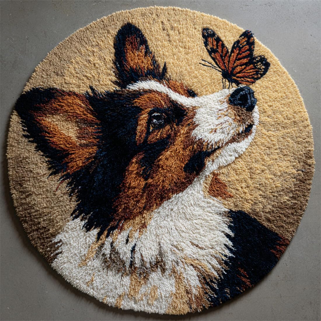 Rqwybcaxn DIY Latch Hook Rug Kit for Teens Animal Embroidery Kit Cartoon Papillon 80x80cm Round Tapestry with Crochet Hook Study Craft Gift