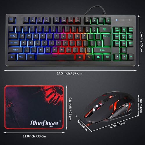 Miniatura 9 de BlueFinger Combo de teclado RGB para juegos de 87 teclas y mouse retroiluminado teclado arcoíris con cable USB juego de teclado para computadora