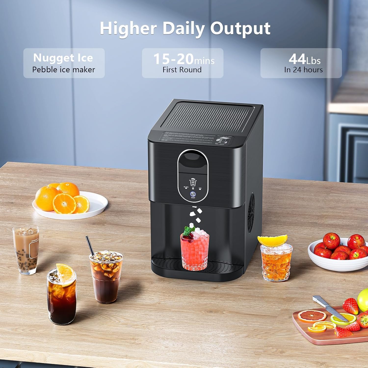 Nugget Ice Makers Countertop, Pellet Ice Maker Machine Dispenser With Water Reservoir, Self-Cleaning, 44lbs/24h Soft Chewable Ice Maker Machine For Home/Kitchen/Office, Black Stainless on Fridge.com - View 5