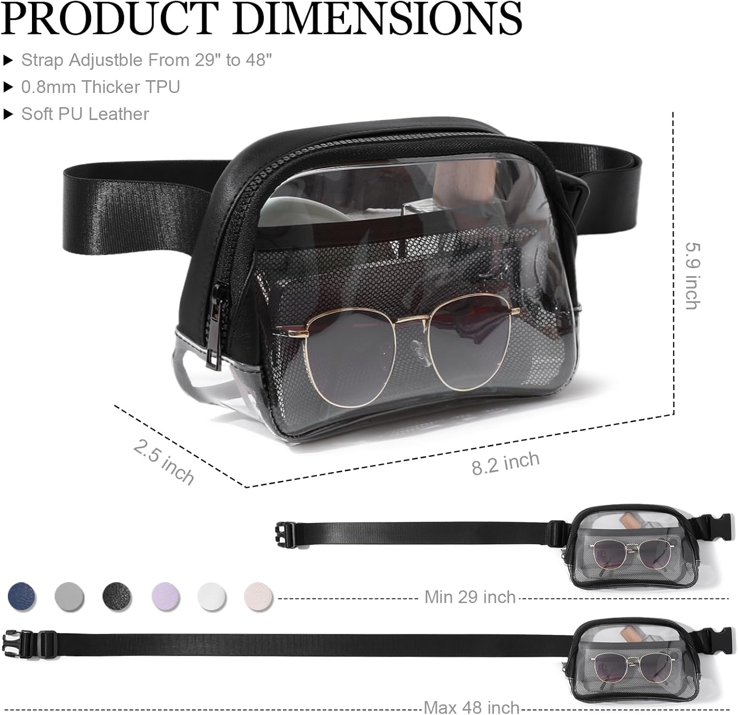 Clear Belt Bag Fanny Pack Stadium Approved, Small Leather Transparent Waist Bag with Adjustable Strap for Concerts Sports Events, Crossbody Purses for Men & Women (Black) - Image 6