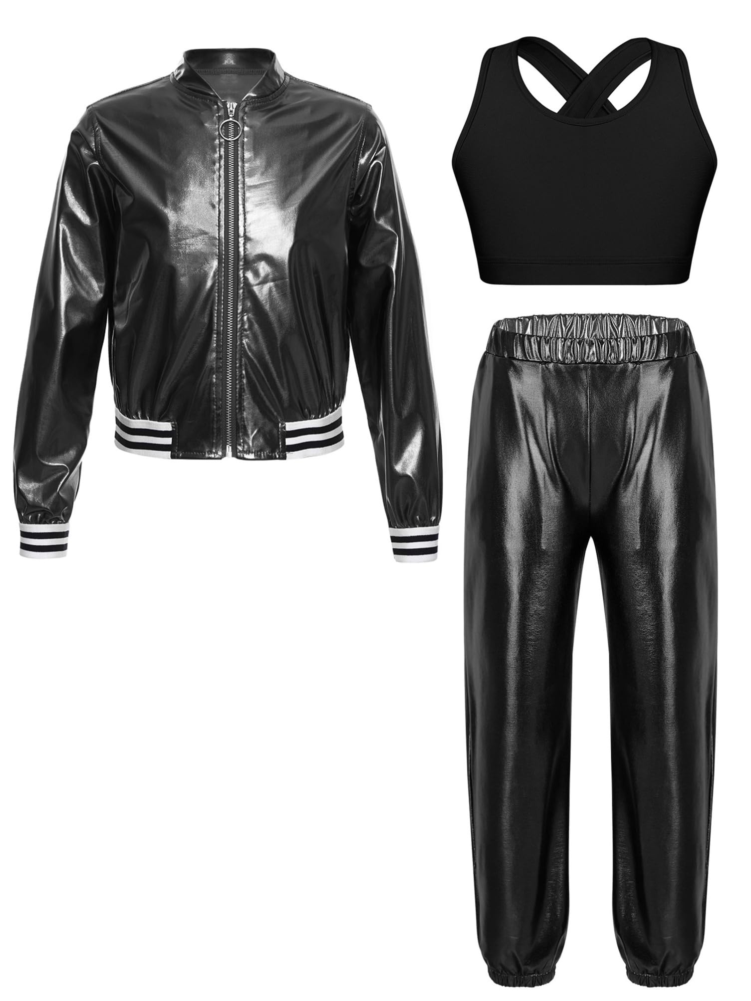 Aislor Tuta da Ginnastica Bambina Metallico Lucido Bomber Giacca da Baseball + Pantaloni Lunghi + Reggiseno a Crossback Completi da Danza Moterna Jazz Hip Hop