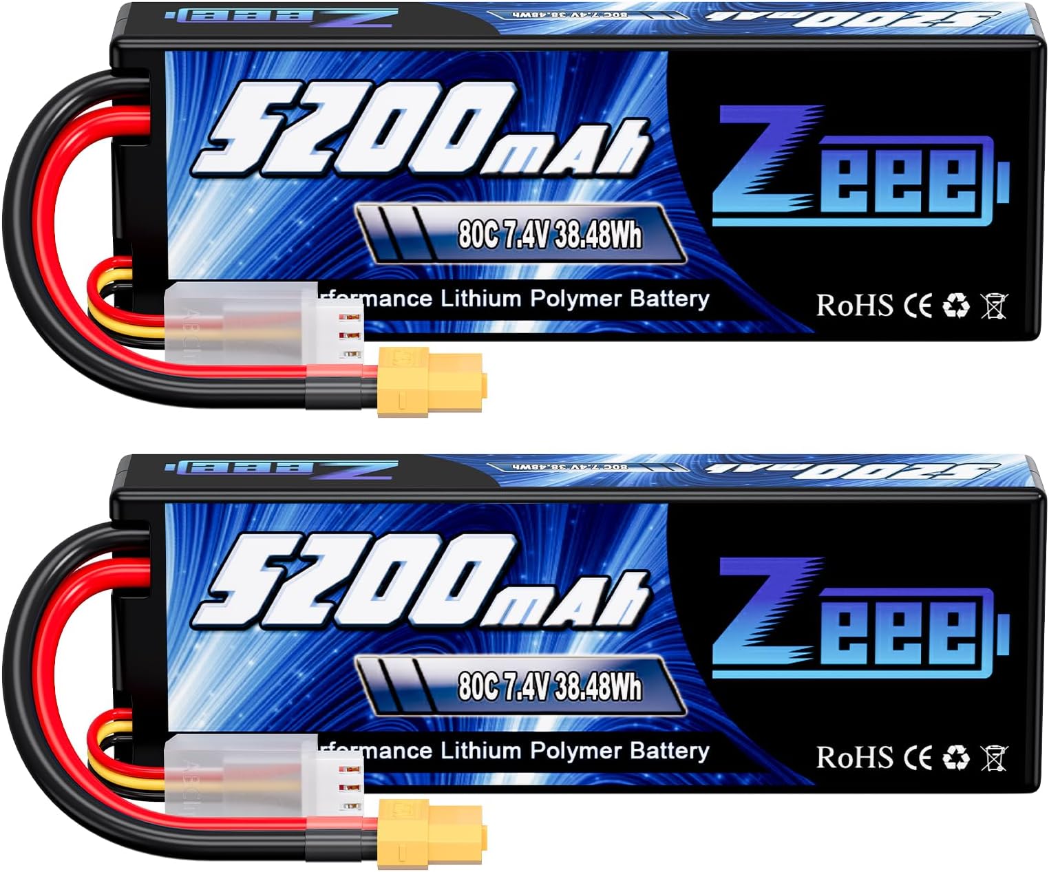 2S 5200Mah Lipo Battery 7.4V 80C With Xt60 Plug Hard Case For 1/8 1/10 Rc Vehicles Car Slash Buggy Truggy Airplane Uav Drone(2 Packs)