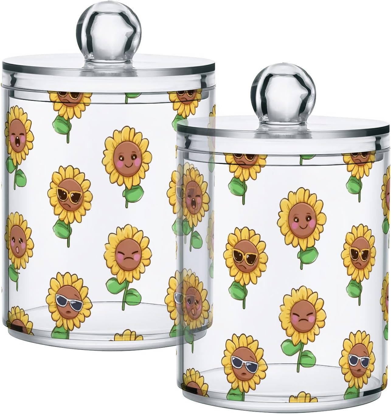 ALAZA Bathroom Canister Set of 2 Funny Sunflowers Qtip Holder Dispenser Clear Plastic Apothecary Jars with Lids Bathroom Organizer Storage Containers for Cotton Swab, Ball, Pads, Floss