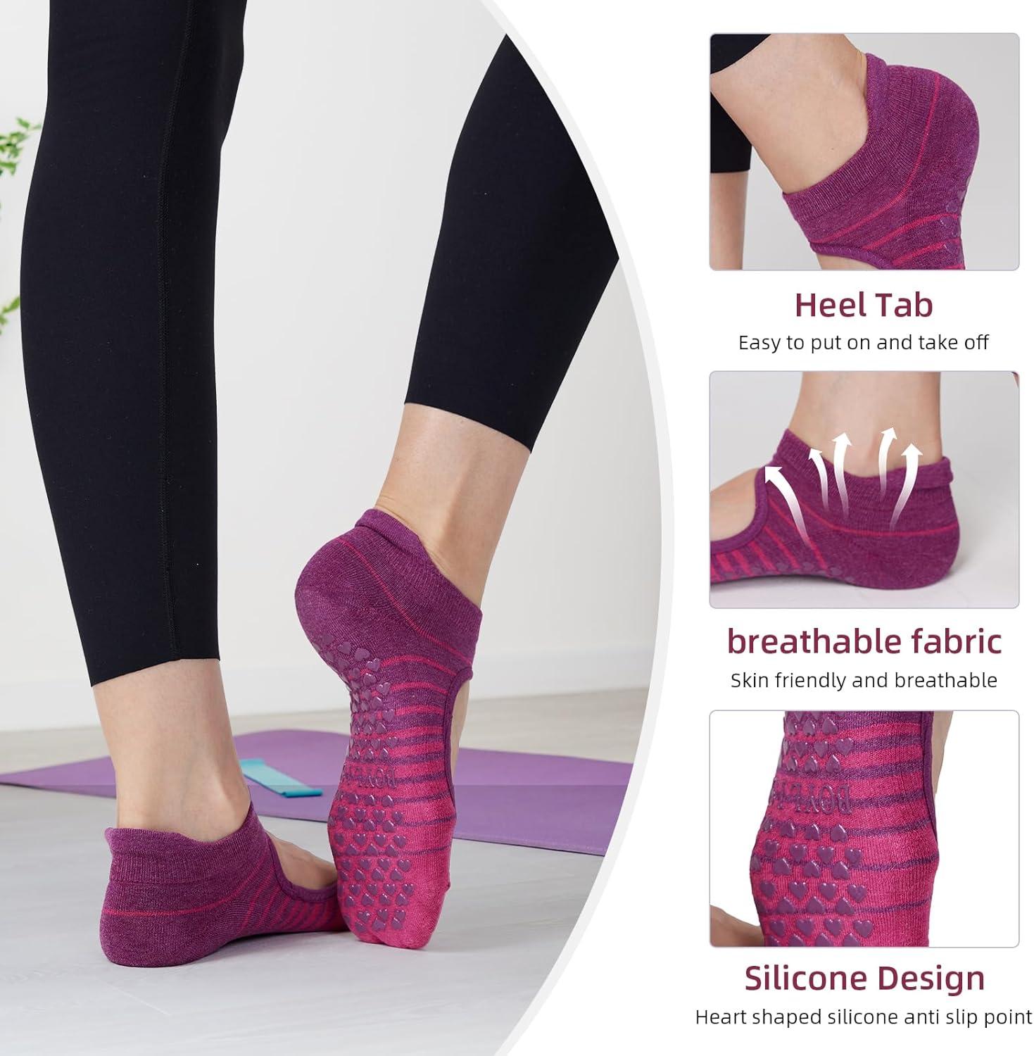 Anti-Slip Yoga Socks for Women, 4 Pairs Stretchy Grip Socks for Pilates, Barre, Dance, and Studio Workouts - Image 5