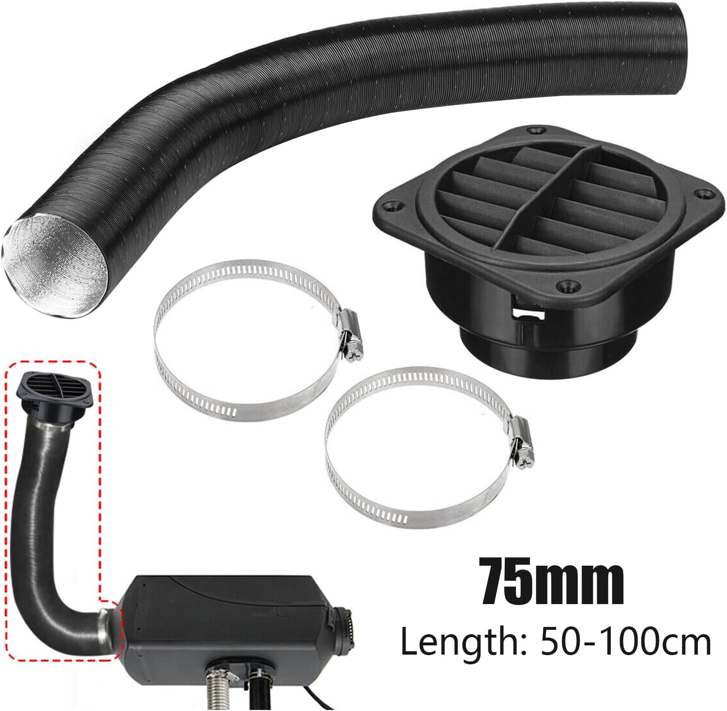 75mm Diesel Parking Heater Set, ZDHQLHJ Diesel Heater Exhaust Pipe Ducting, Car Heater Duct Warm Air Outlet Vent, For Webasto Eberspacher 2KW 5KW 8KW Diesel Parking Heater