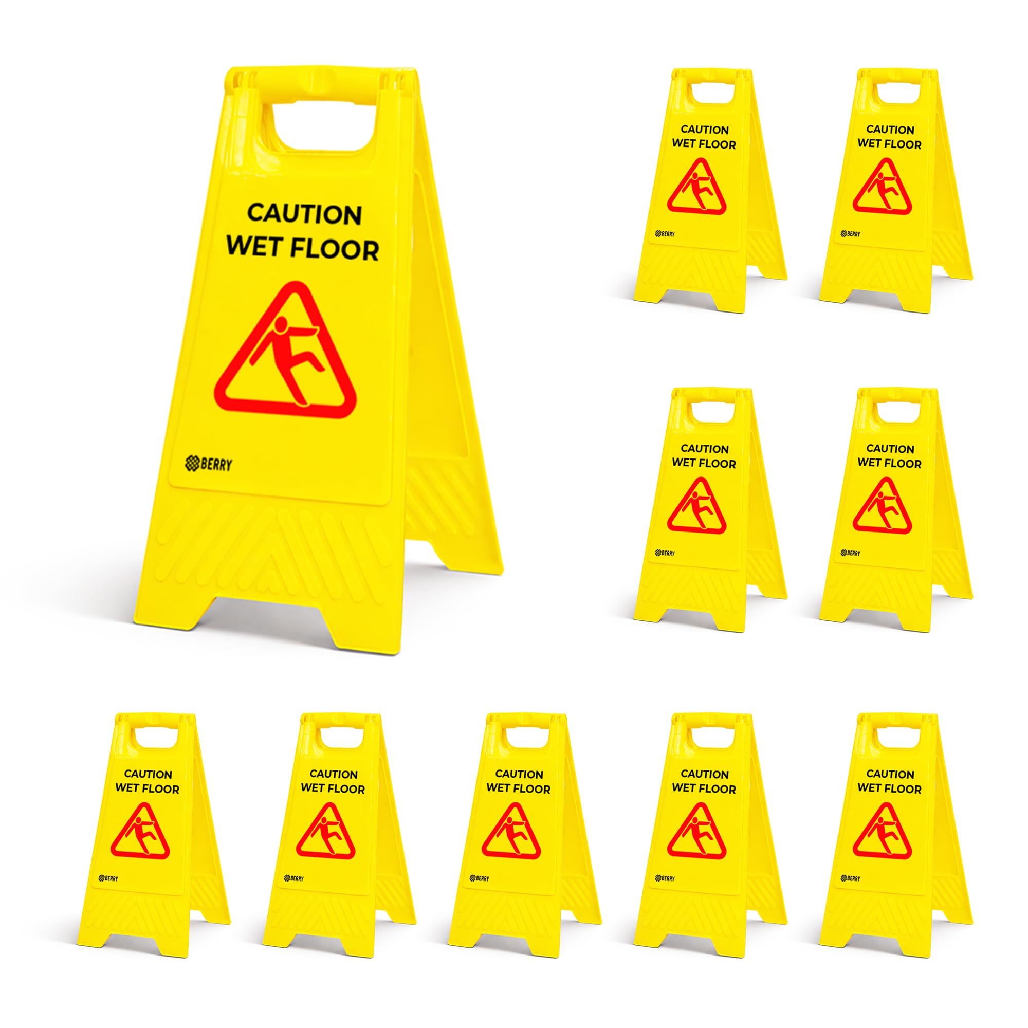 Berry Wet Floor Sign Yellow | Foldable Type A Slippery Floor Warning Sign | Free Standing Caution Wet Floor Sign for Shops, Hotels, Restaurants, Offices & Public Areas - Pack of 10