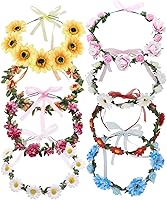 Lawie 8-Pack Boho Flower Crowns: Sunflower Daisy Rose Floral Wreaths, Ribbon Halo Headbands for Weddings, Festivals, Kids Women Girls