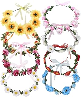 Lawie 8-Pack Boho Flower Crowns: Sunflower Daisy Rose Floral Wreaths, Ribbon Halo Headbands for Weddings, Festivals, Kids Women Girls