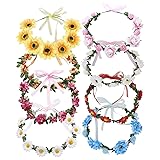 8 Pack Boho Flower Crown Floral Leaf Wreath with Ribbon Halo Headbands Hair Garland Wedding Bridal Headpiece Tiara Sunflower Daisy Hibiscus Hairbands Hawaiian Party Accessories for Kids Women Girl