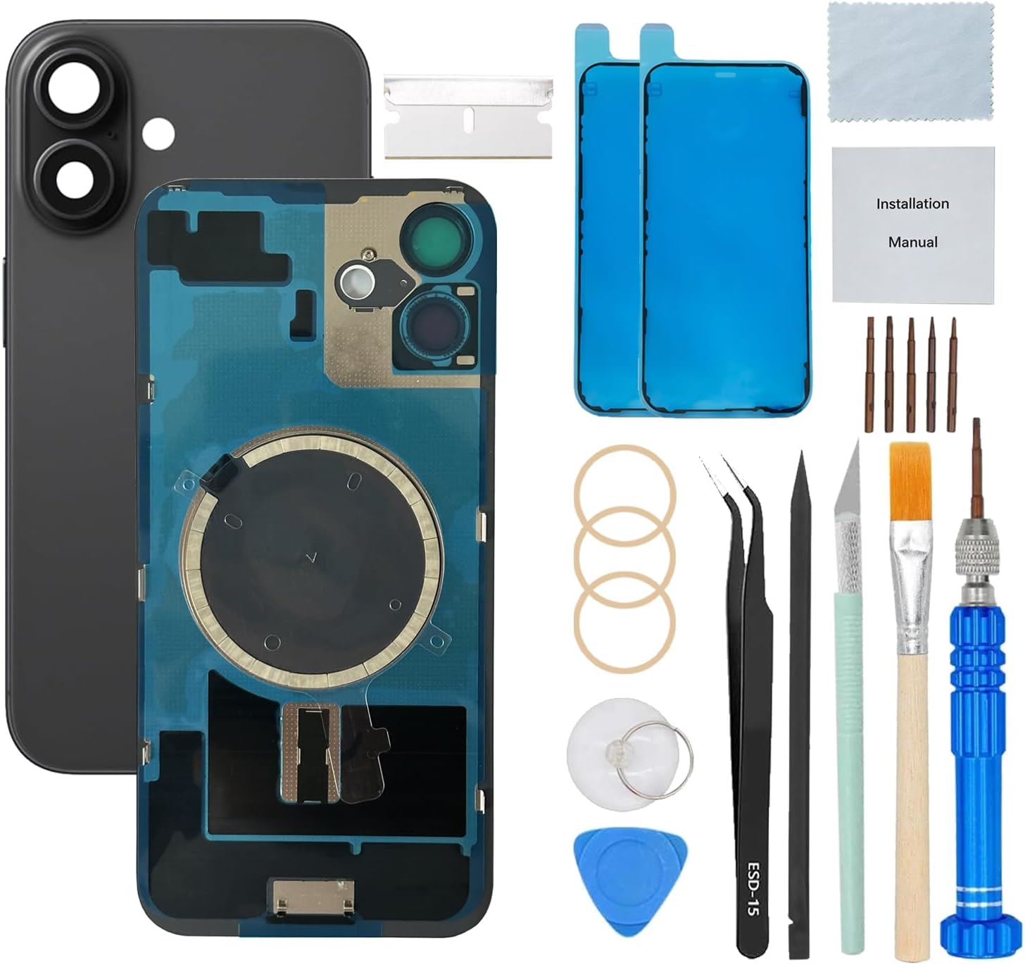 Back Glass Cover Replacement Compatible with iPhone 15 Pro Max All Carriers 6.7" + Pre-Installed Plate + Camera Frame and Lens + Professional Tools (Blue)