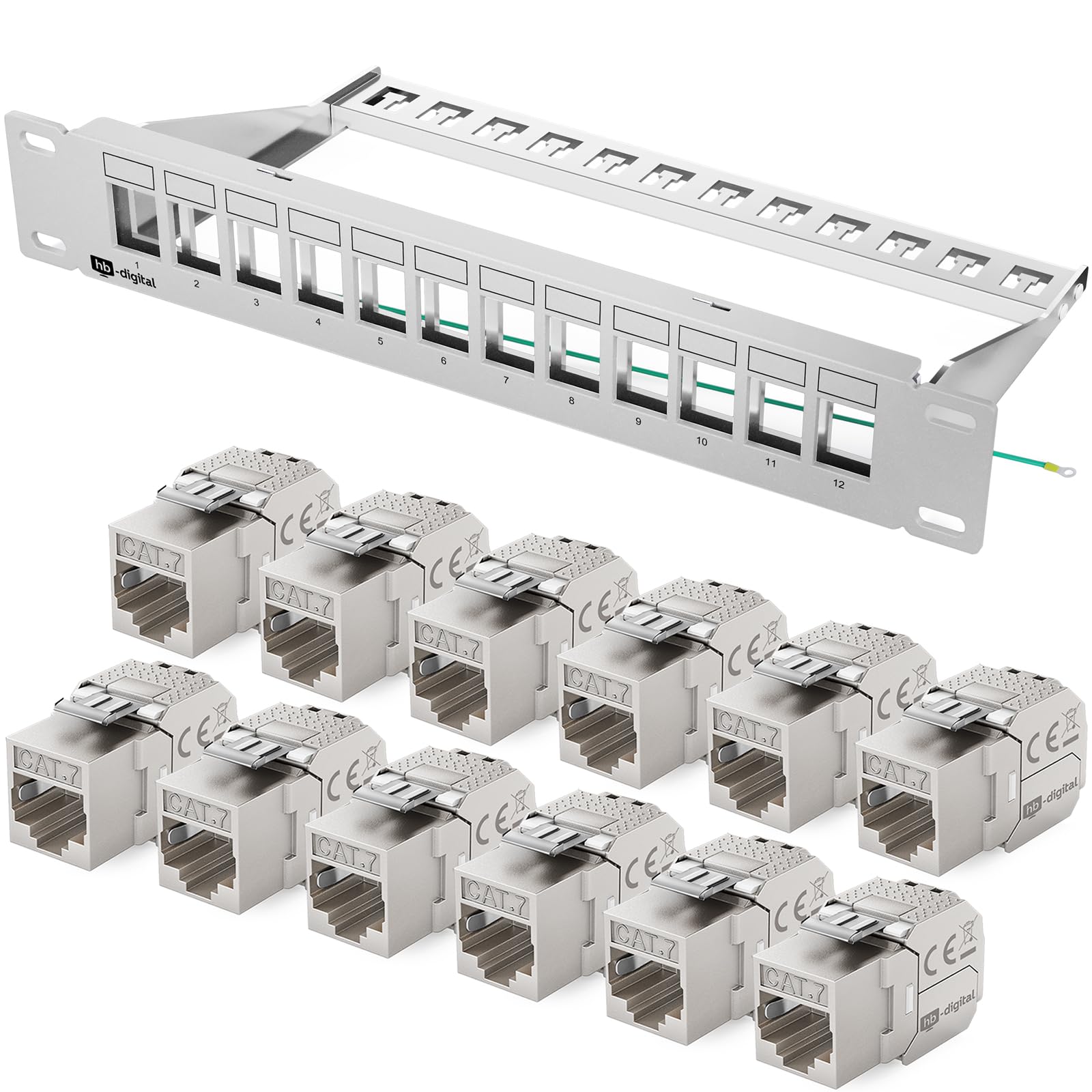 hb-digital Panneau de brassage réseau 12 ports 1U + 12 modules Keystone CAT 7 RJ 45 femelle pour montage mural compatible avec câble de pose CAT 6 CAT 6a Ethernet LAN DSL gris clair