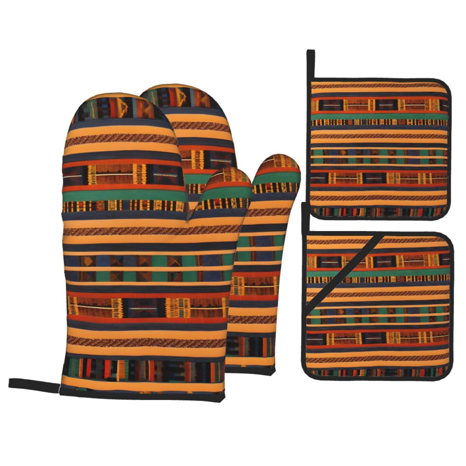 african weaving Print 4-Piece Oven Microwaving Set Waterproof Kitchen Gloves for Baking Grilling Cooking