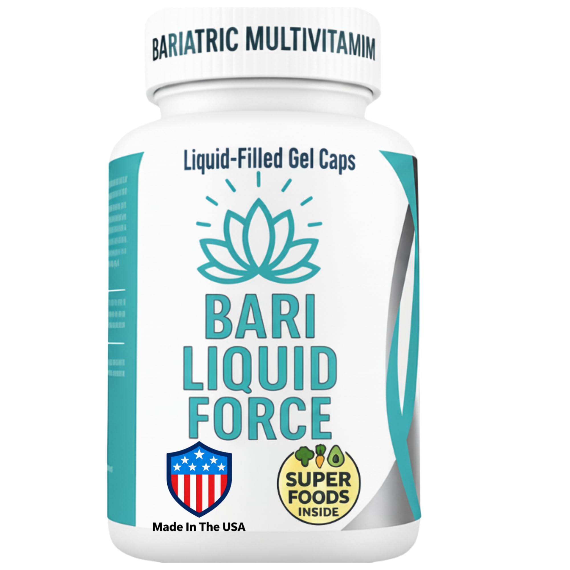 Bari Liquid Force One a Day Bariatric Multivitamin with Iron – Rapid Absorption Gel Caps for Gastric Sleeve, Bypass, Duodenal Switch – Superfood Blend - Bariatric Must Haves for Women & Men