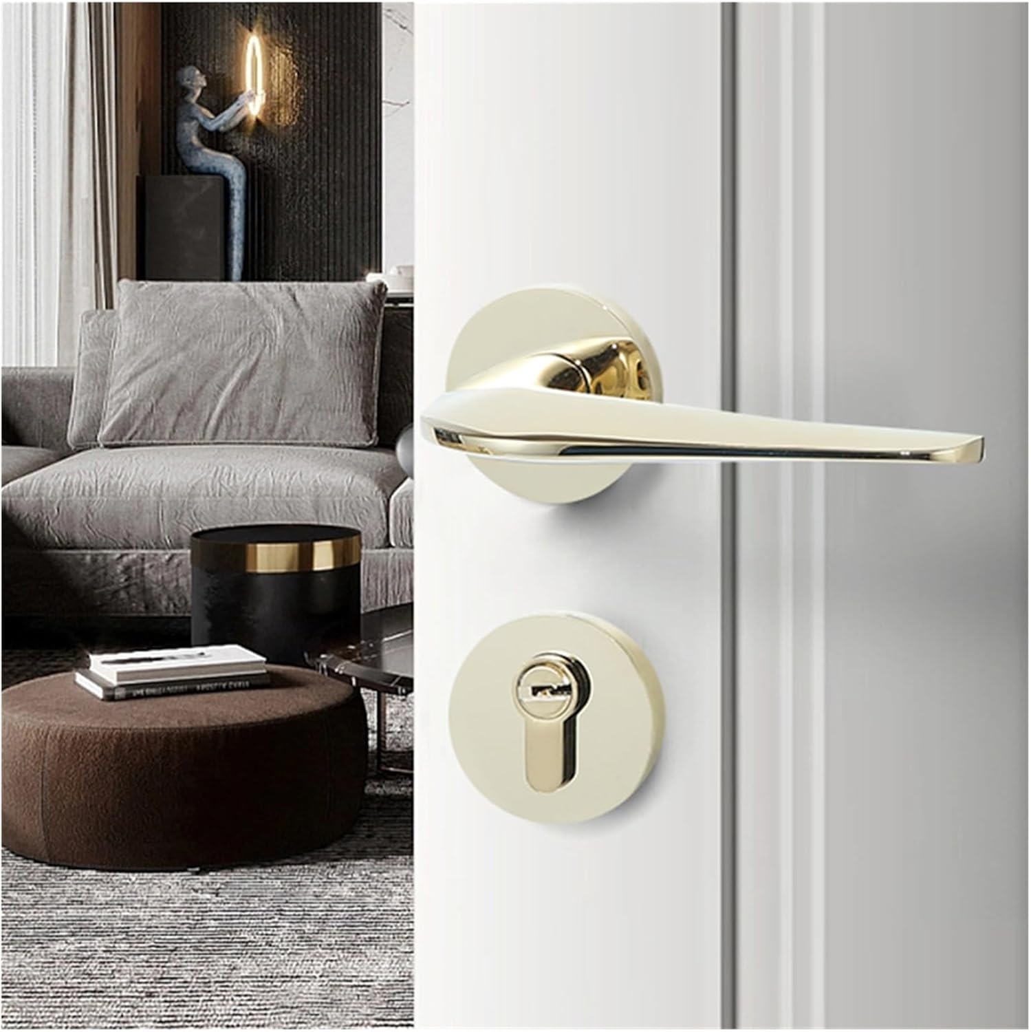 Bedroom Door Brass Door Lock Medieval Style electroplated Mute Household Lock Door Bathroom Copper Handle(FT01 08 Light Silver)
