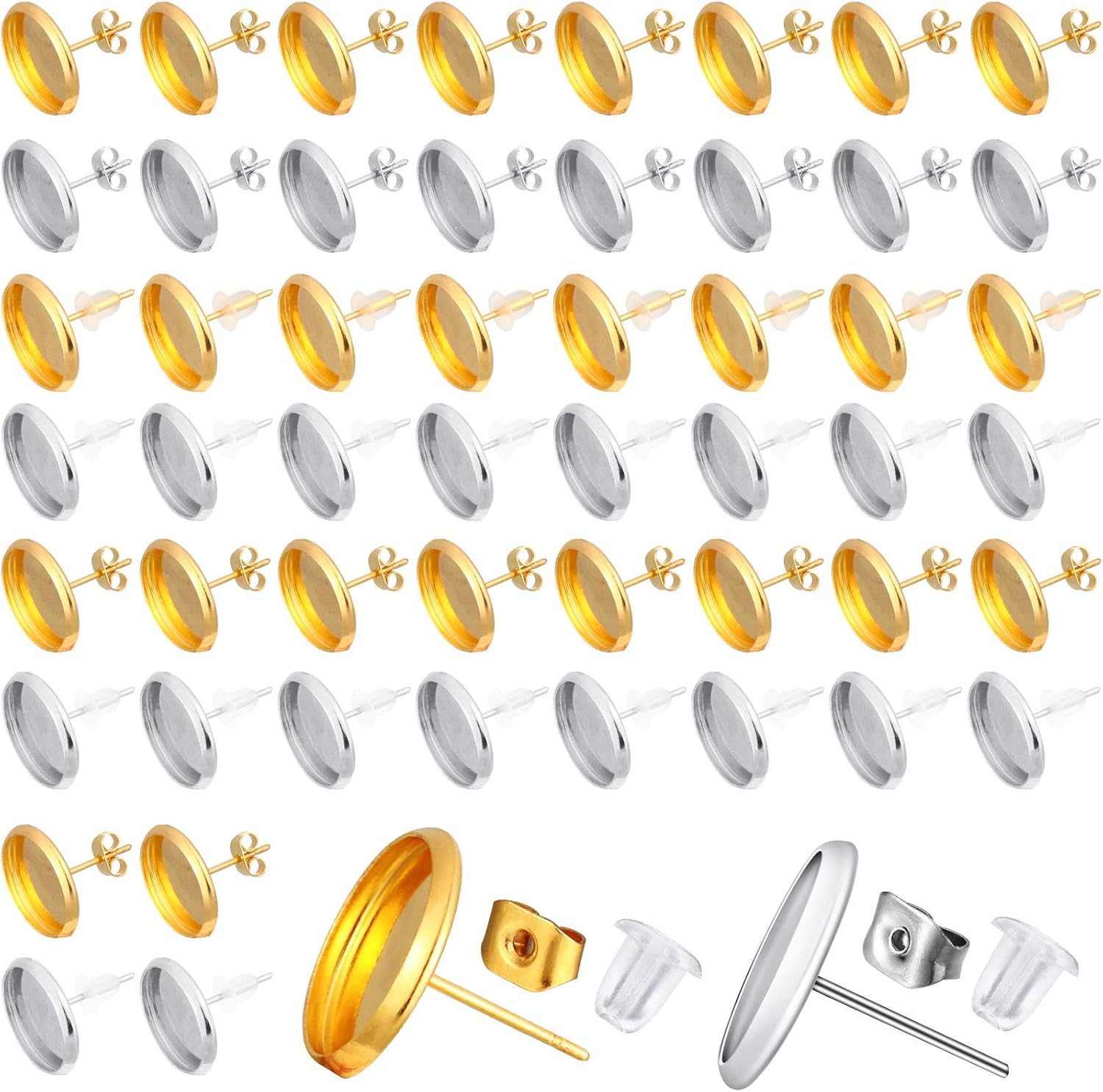 Hicarer 300 Pcs Earring Posts Stainless Steel Stud Earrings Kit Hypoallergenic Stud Earrings with Earring Base Studs and Back for Jewelry DIY Making(Gold, Silver with Gold, Silver and Clear)