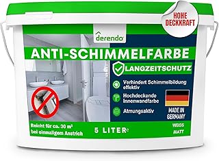 derendo Anti Schimmel Farbe weiß innen 5 Liter Wandfarbe weiß gegen Schimmel Badezimmer Feuchtraumfarbe Schimmel Stopp Langzeitschutz Schimmelentfernung