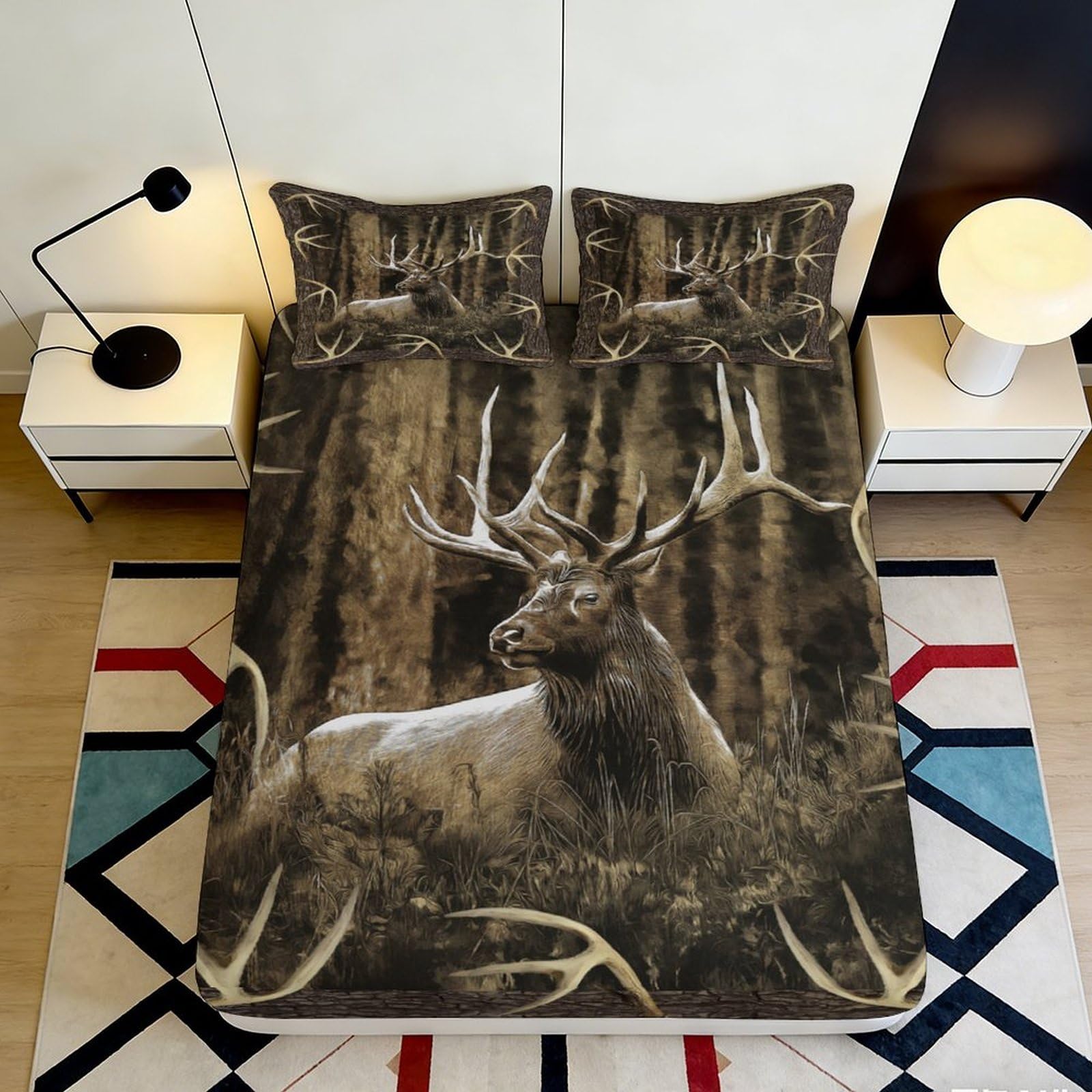 3D Printed Deer Pattern Fitted Sheet Microfiber Soft Durable 3D Printed Forest Bed Cover Mattress Protection for Bedroom Dormitory Guest Room 120x200x25cm