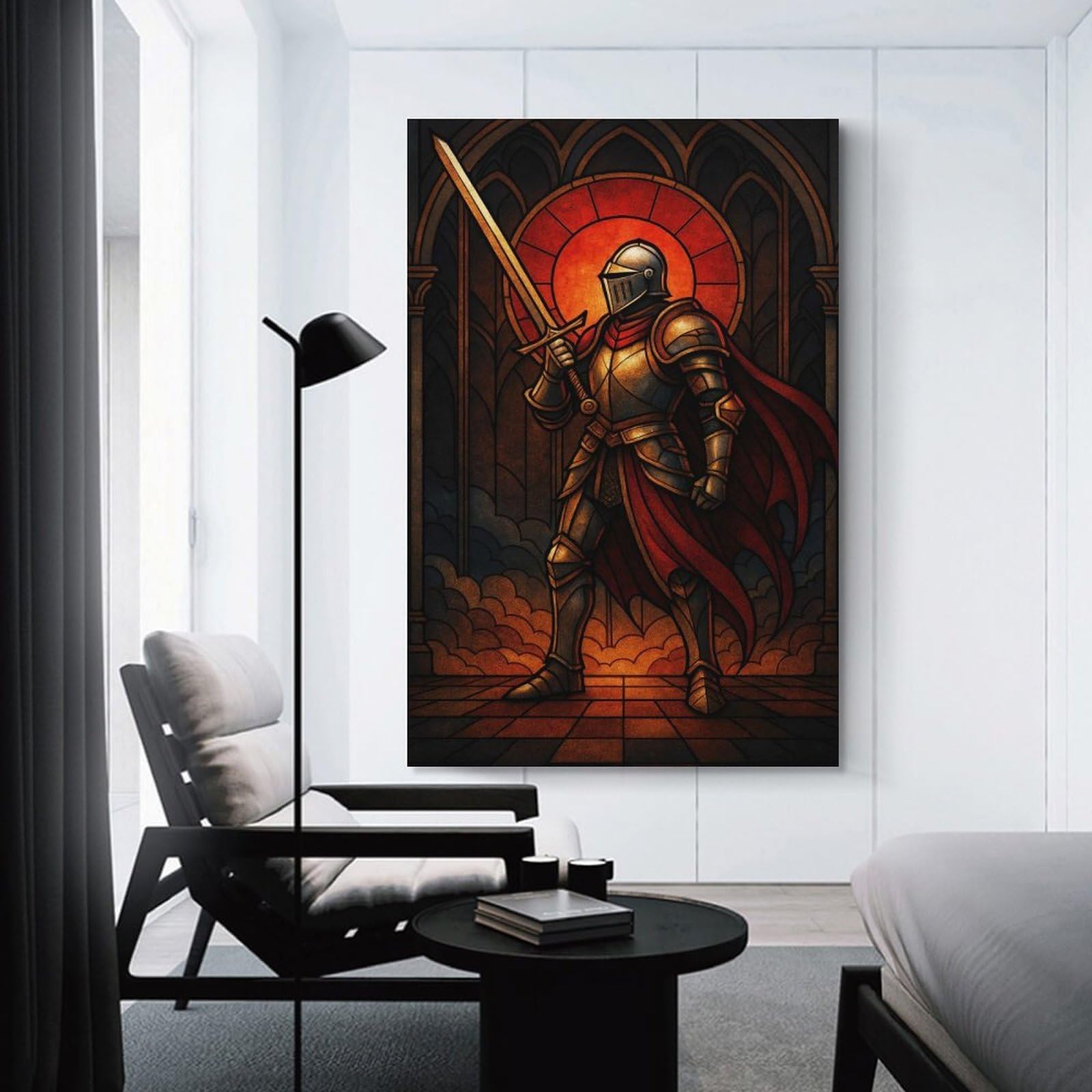 Junmoney Unframe-Style-12 Stained Glass Knight With Sword Home Decor Wall Art 24X36inch(60X90cm), For Lounge, Study, Hallway Or Flat Walls, Stylish Home Artwork For Focal Walls