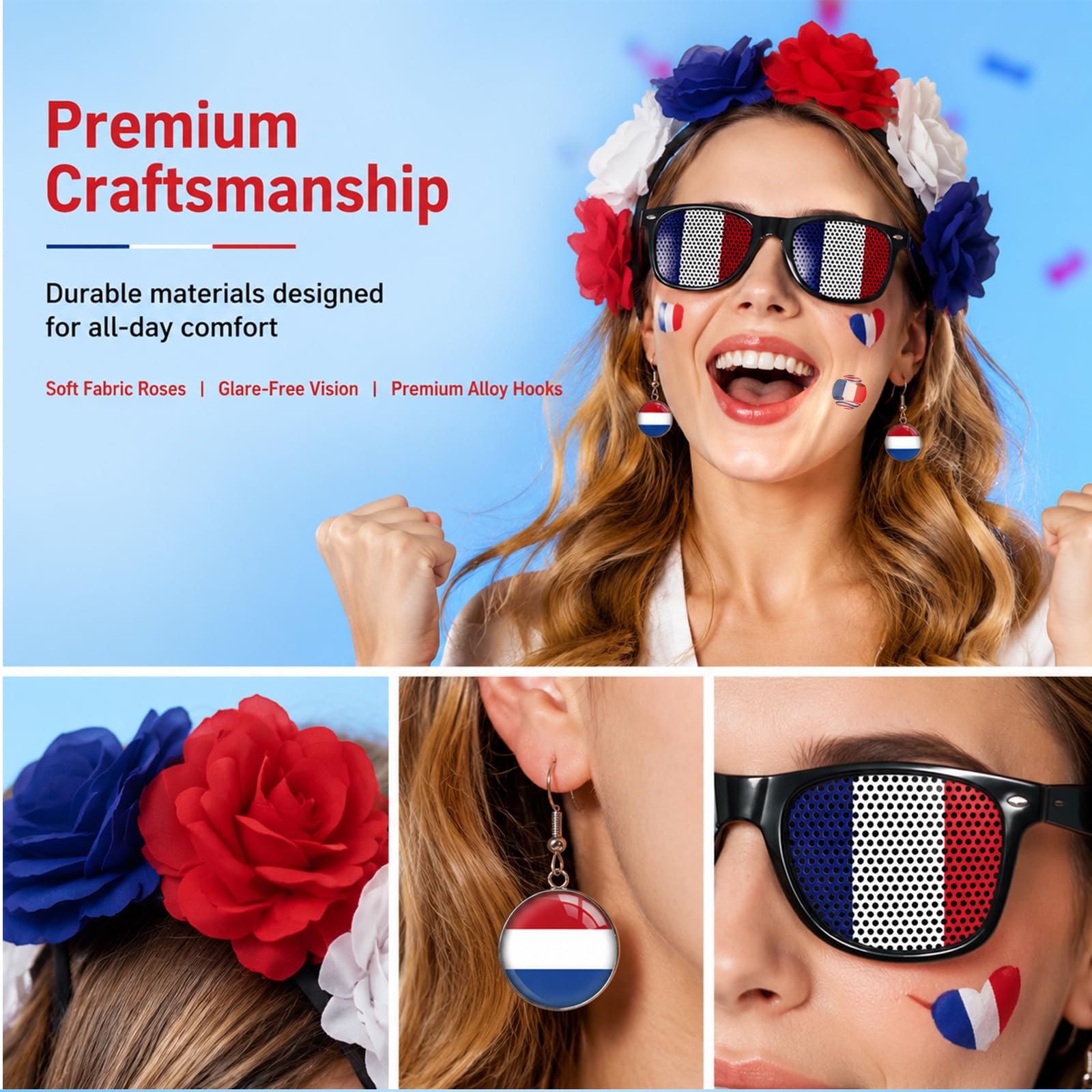Set d'articles pour supporters français femmes Bleu-Blanc-Rouge - Serre-tête, boucles d'oreilles, lunettes de soleil & tatouages
