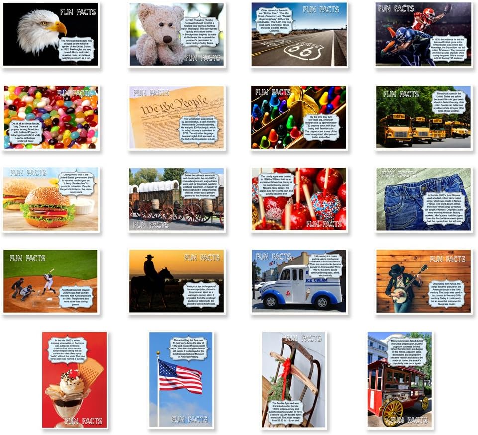 AMERICANA FUN FACTS postcard set of 20 postcards. Iconic America and American culture post card variety pack. Made in USA.