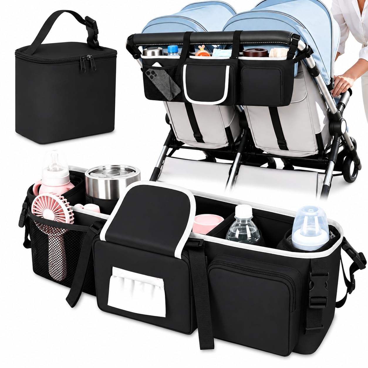 Organizador universal para cochecito de bebé, con portavasos aislados, para pañales y juguetes, adecuado para todos los modelos de vehículos todoterreno