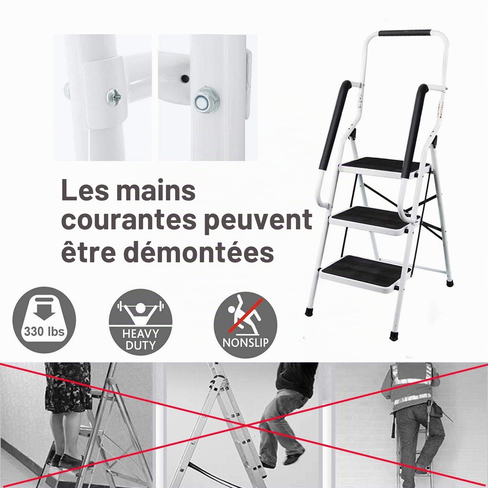 Escabeau 3 marches avec rampe de sécurité pliable en acier mat et résistant