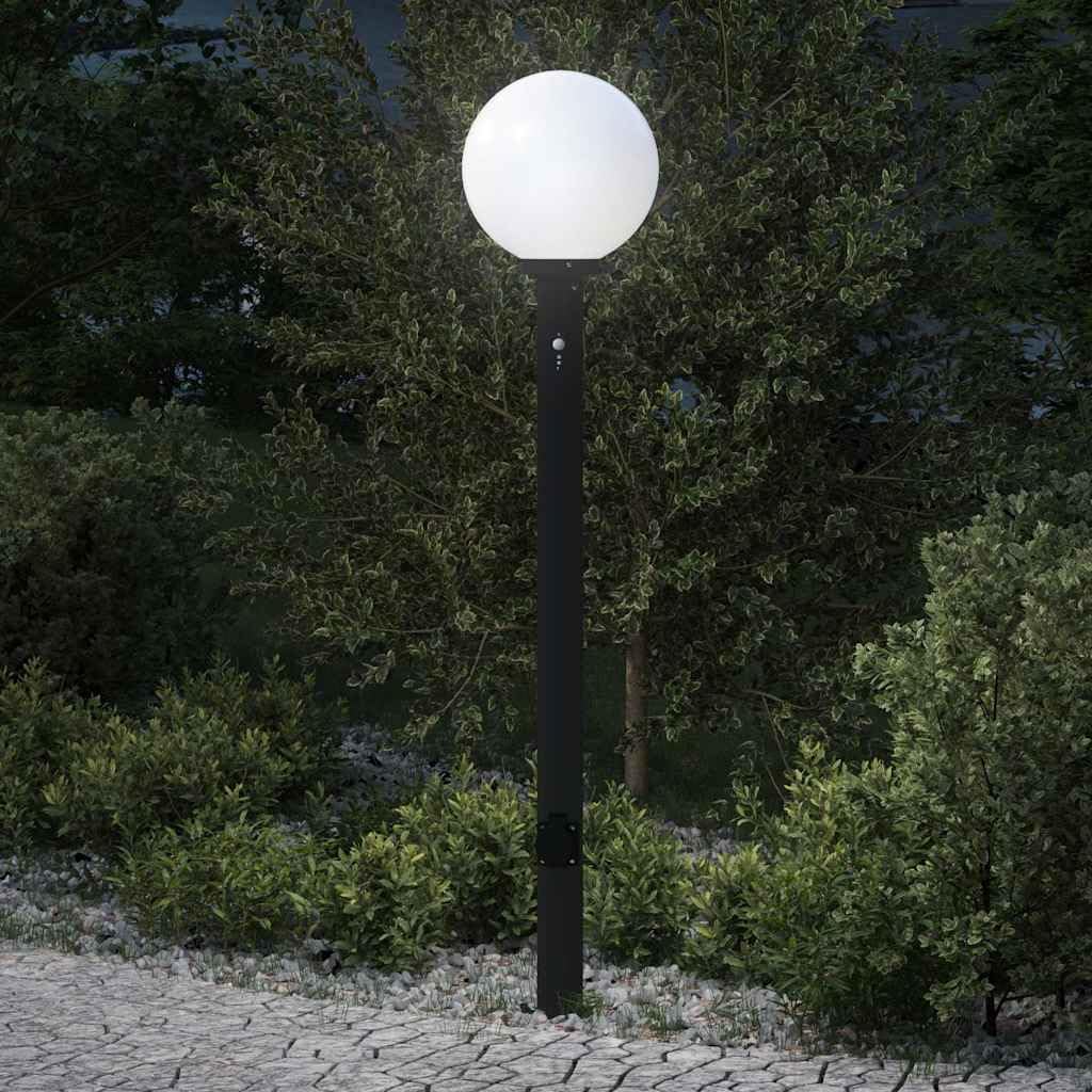 Lámpara de bolardo de acero inoxidable de 120 cm, color negro, con detector de movimiento PIR y enchufe integrado, protección IP44 para jardín, terraza, iluminación de camino, pantalla