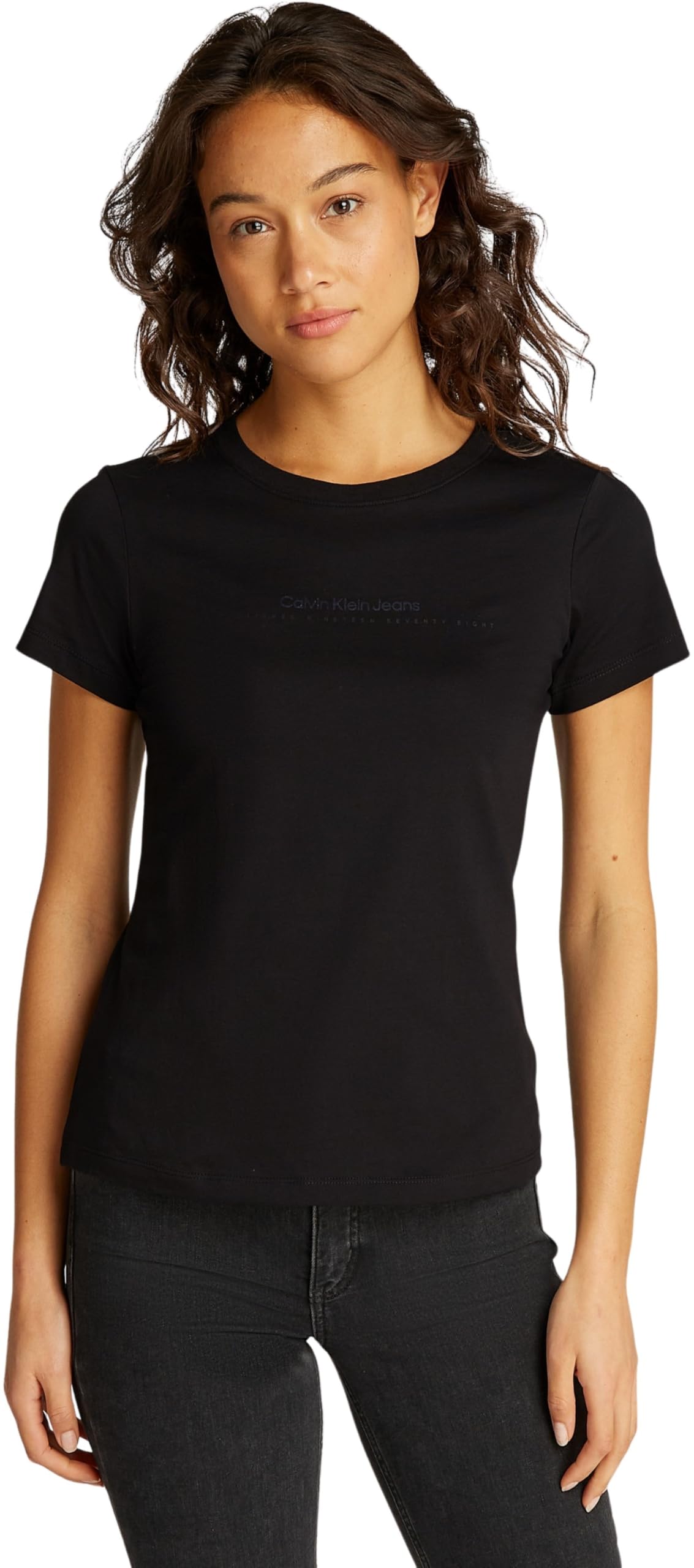 Calvin Klein Women’s Short Sleeve Slim Fit Institutional Graphic T-Shirt, Black (Ck Black), XXS