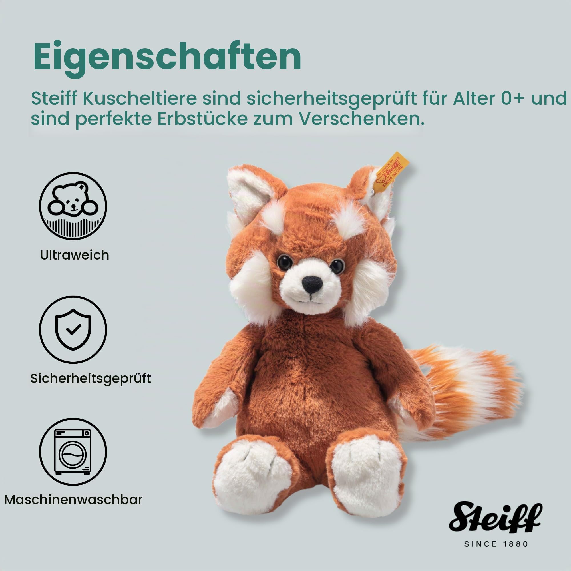 Steiff 075537 Soft Cuddly Friends Benji Roter Panda 28cm, rotbraun, Ginger