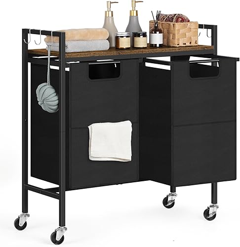 Cesta de lavandería doble con ruedas, cesta de lavandería con estante, clasificador de lavandería con 2 bolsillos laterales adicionales para baño,