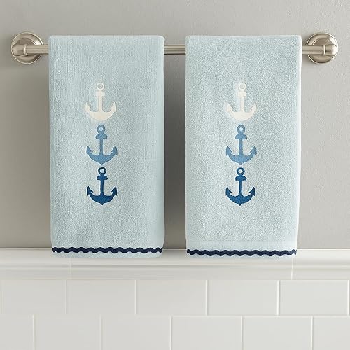 Miniatura 2 de Serafina Home Toallas de baño suaves y absorbentes para huéspedes ancla azul náutica con diseño costero de cuerda gris plateada, 2 piezas de 12 "x